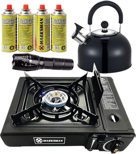 4pc Camping Starter Kit - Portable Gas Stove with 4 Gas Bottles, Torch & 2.5L Kettle