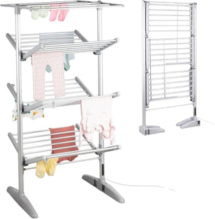 HomeVibe 4-Tier Heated Clothes Airer with Cover – Electric Clothes Dryer & Heated Airer, Built-in Timer, 23m Drying Capacity, Foldable Clothes Horse, 147x73.5x71cm, Silver