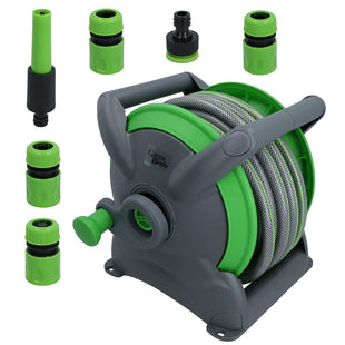 Garden Compact Wall Hose Reel with 15 Metres of Hose + 5 Nozzles/Fittings