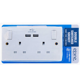 ELPINE Double Switched Socket with 2 USB Electric Charger Outlets Ports 2 Gang Heavy Duty Electrical 13A Plugs Daily Use Home Office Work White Wall Outlets Fast Charging Accessories UK Free P&P