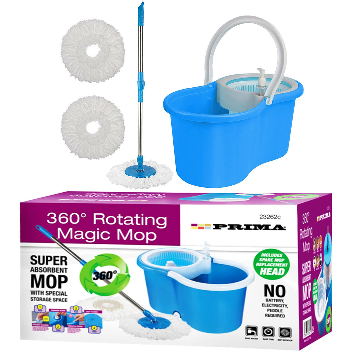 360° Degree Rotating | Magic MOP | Spin Bucket Set Prima Steel + 2 Microfiber Floor Dry Heads