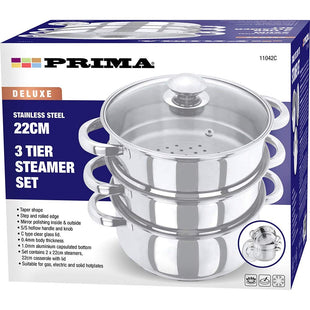 New 22CM Stainless Steel 3 Tier Steamer Cooker Pot Set Glass LID COOKWARE Food