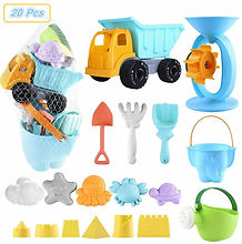 20Pcs Kids Beach Sand Toys Set - 10 Molds, Truck, 2 Shovels, Bucket, Water Wheel