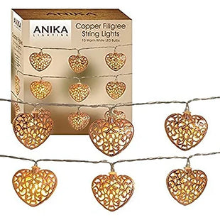 Anika 10 Copper Coloured Filigree Hearts with Warm White