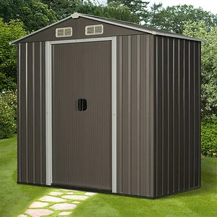 6x4ft Corrugated Metal Garden Storage Shed w/Sliding Door Roof - Grey