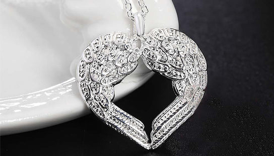 Silver Plated Angel Wings Heart Pendant Necklace