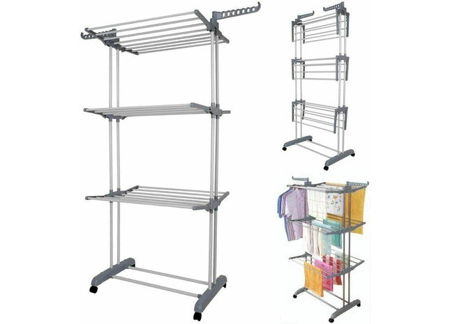 Durable 3-Tier Clothes Drying Rack with 18m Space, Foldable & Mobile for Indoor/Outdoor Use