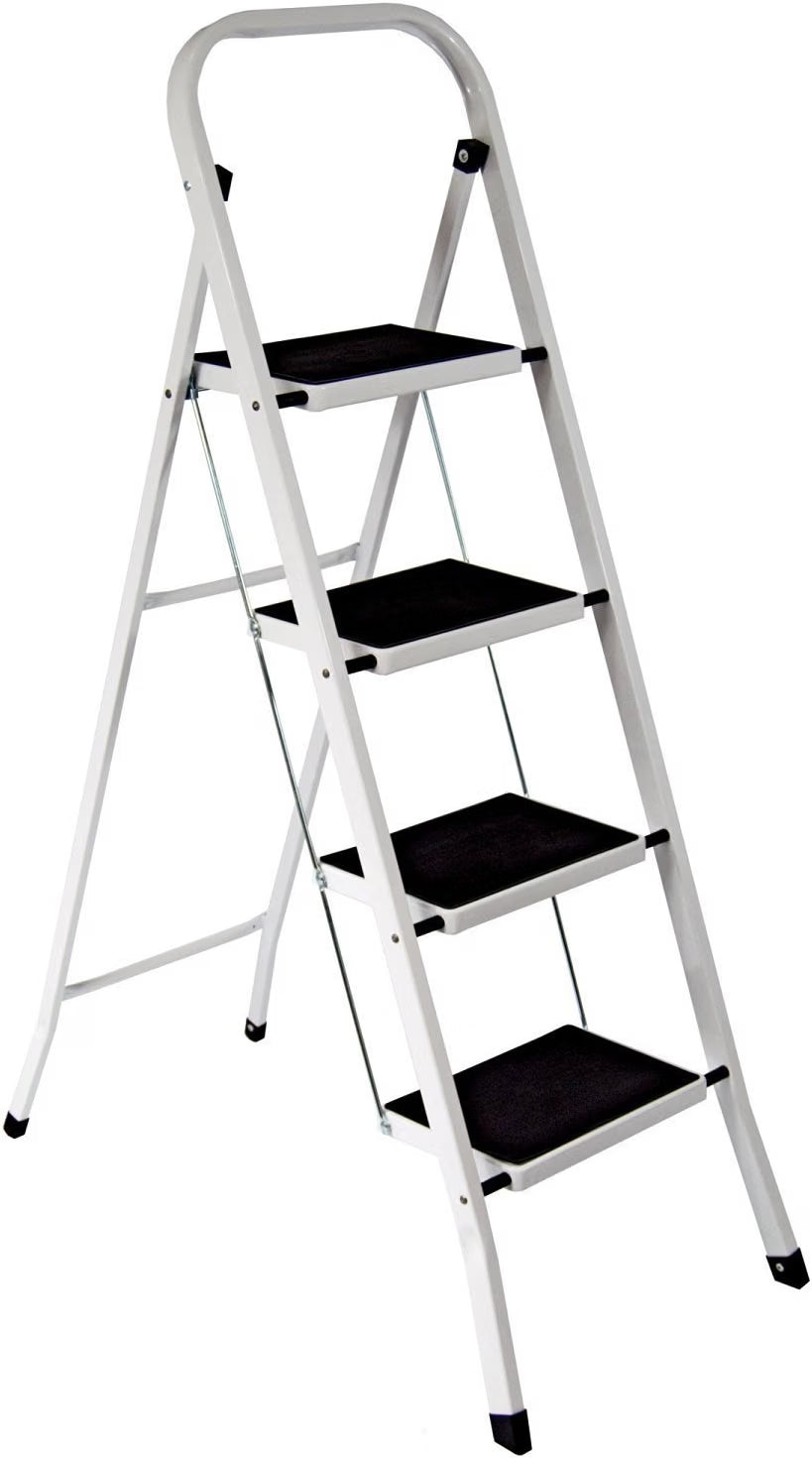 4 Step Folding Steel Step Ladder with Handrail and Anti-Slip Treads – White