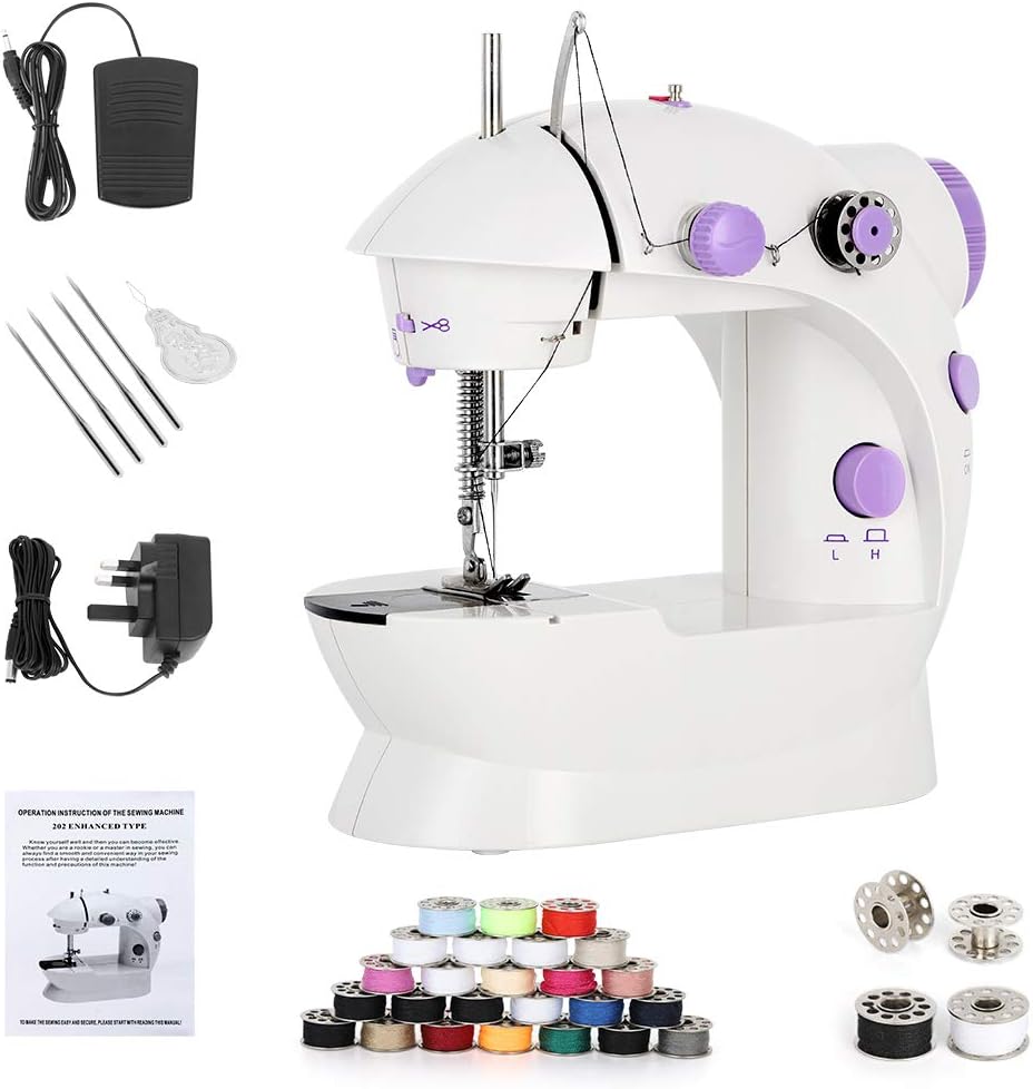 (HomeVibe) Portable Sewing Machine Mini 2-Speed Double Thread, Metal, Purple Mini Sewing Machine For Begginers With 25PC Bobbing Set