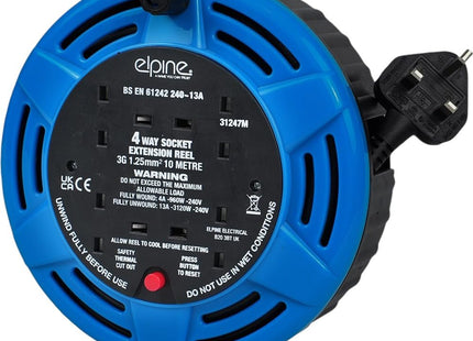 HomeVibe 10m Cable Reel – 4 Way Extension Lead 10A with Carry Handle, Compact Power Extension Drum for Home, Office, Garden, DIY & Tools – Model 31247C