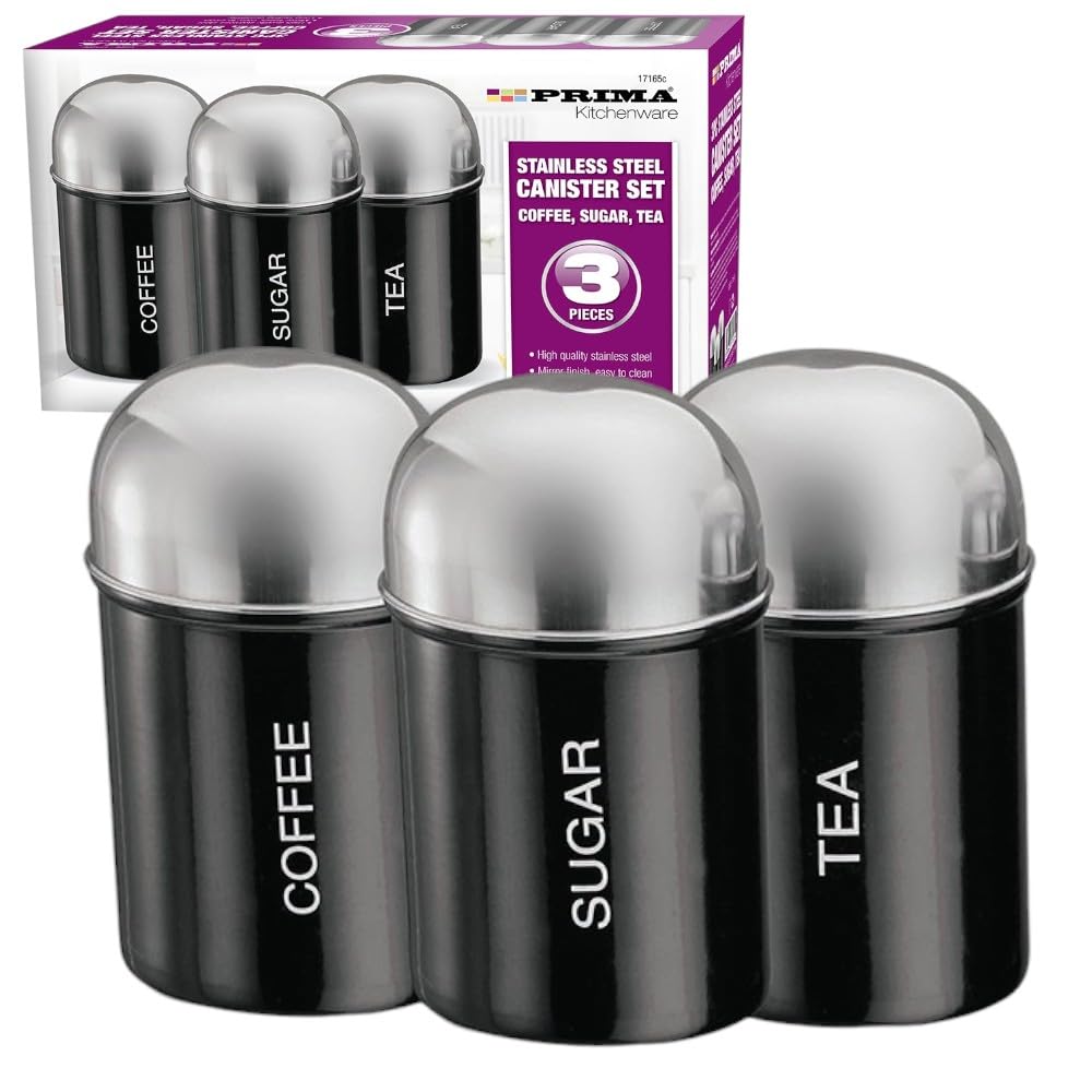 HomeVibe 3pc Canisters Set – Black Kitchen Storage Jars for Coffee, Tea & Sugar | Modern Airtight Containers with Lids, Durable Metal Canister Set for Kitchen Organisation – 17165C