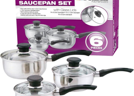 6-Piece Stainless Steel Saucepan Cookware Set with Glass Lids & Ergonomic Handles