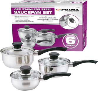6-Piece Stainless Steel Saucepan Cookware Set with Glass Lids & Ergonomic Handles