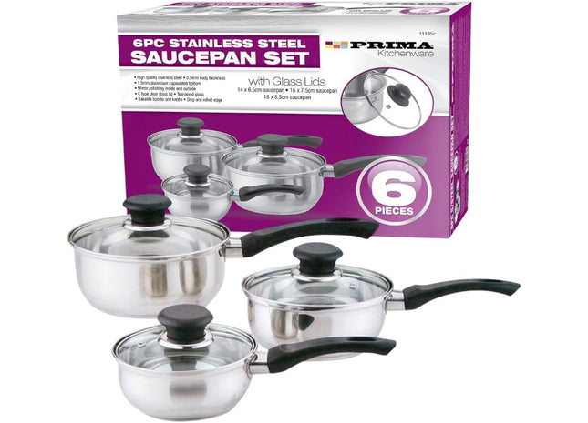 6-Piece Stainless Steel Saucepan Cookware Set with Glass Lids & Ergonomic Handles