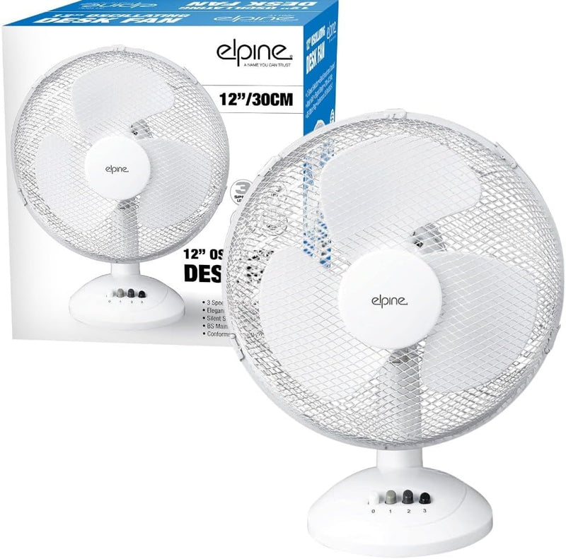 12" Oscillating Desk Fan – White
