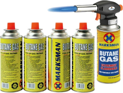 Blow Torch with 4 Butane Gas Bottles – Refillable Flamethrower for Cooking, Camping, BBQ, Creme Brulee, Welding, Soldering, Weed Burning | Auto Ignition Blowtorch Lighter