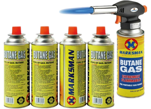 Blow Torch with 4 Butane Gas Bottles – Refillable Flamethrower for Cooking, Camping, BBQ, Creme Brulee, Welding, Soldering, Weed Burning | Auto Ignition Blowtorch Lighter