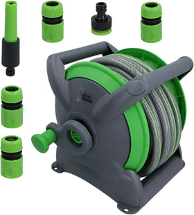 Garden Compact Wall Hose Reel with 15 Metres of Hose + 5 Nozzles/Fittings