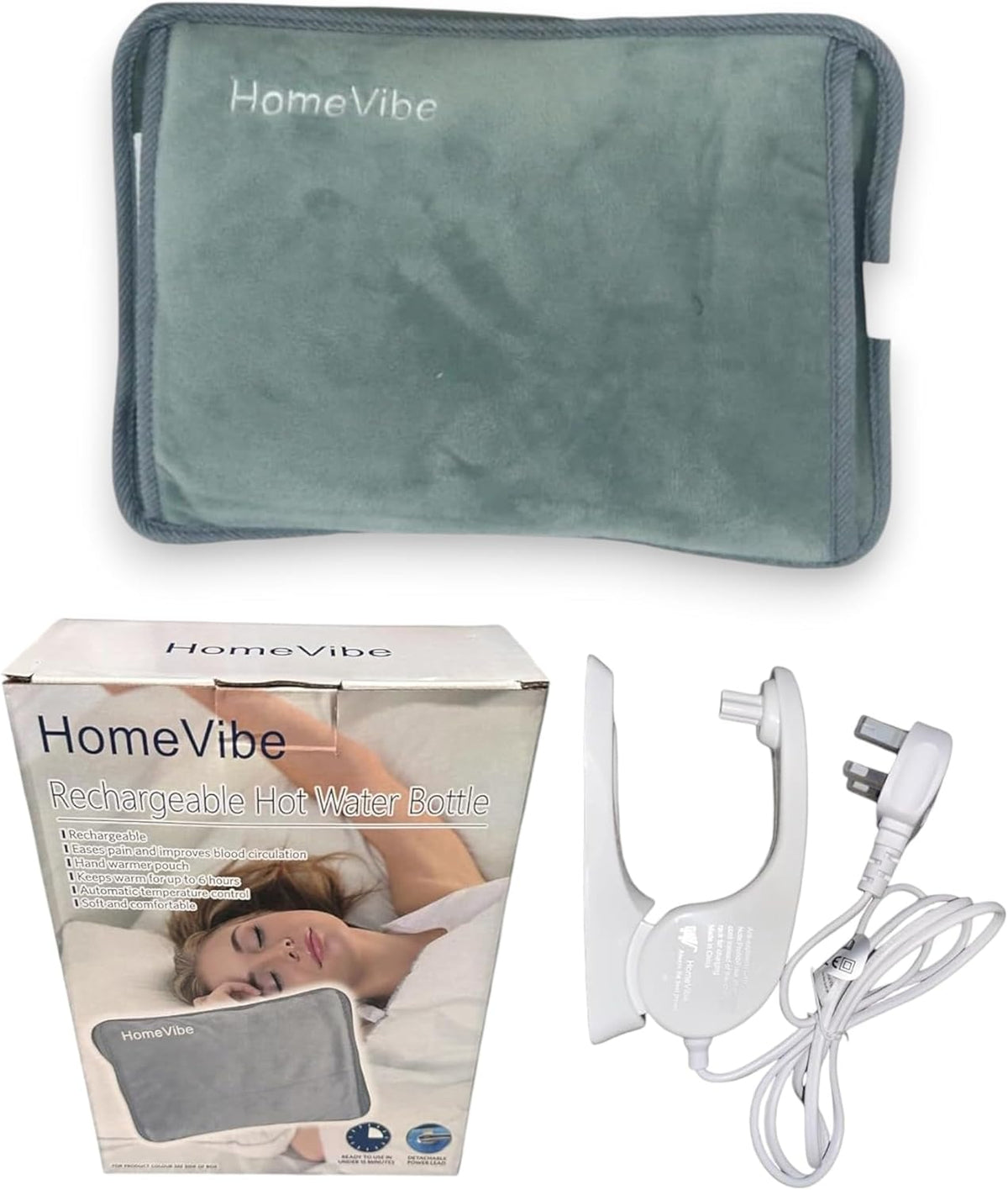 HomeVibe Rechargeable Electric Hot Water Bottle Professional Soft Touch Fleece Cover Bed Hand Warmer Massaging Heat Pad, Grey
