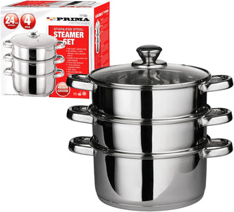 24 cm Prima Steamer Set - 4-Piece Stainless Steel 3-Tier Pot with Glass Lid | Capsulated Bottom