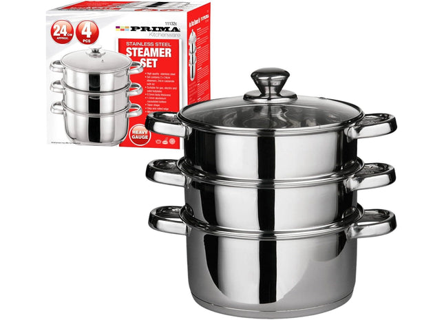 24 cm Prima Steamer Set - 4-Piece Stainless Steel 3-Tier Pot with Glass Lid | Capsulated Bottom