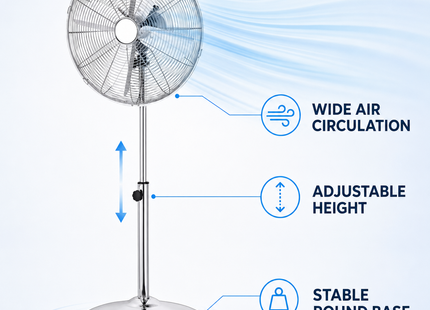 Chrome Pedestal Fan with Adjustable Height – Freestanding Metal Cooling Fan for Home & Office
