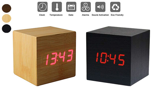 Wooden Cube LED Voice Control Alarm Clock