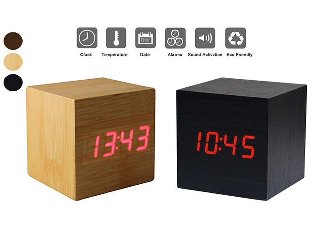 Wooden Cube LED Voice Control Alarm Clock