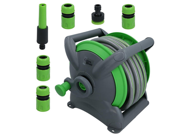 Garden Compact Wall Hose Reel with 15 Metres of Hose + 5 Nozzles/Fittings