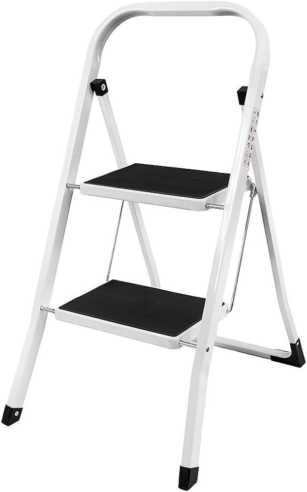 Space-Saving 2 Step Ladder: Foldable Steel Stepladder for Home, Kitchen, Garage - Portable and Sturdy Folding Stool with Anti-Slip Steps