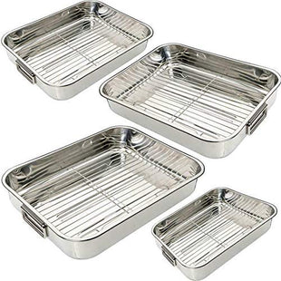 4PC Stainless Steel Roasting Tray Set with Grill Racks (1x Small, 1xMedium, 1xLarge, 1xExtra Large)