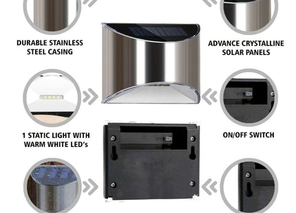 HomeVibe 2X Solar Powered Bright LED Wall Light Warm White Door Fence Outdoor Stylish Chrome