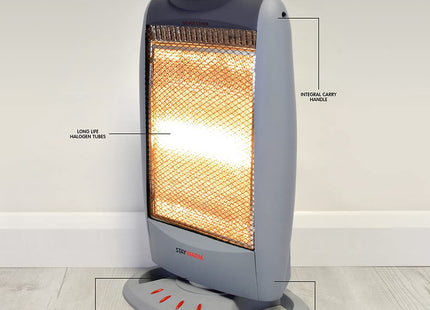 STAYWARM 1200w 3 Bar Compact Halogen Heater with 3 Heat Settings / 90 Degree Oscillation / Safety Tip-over Switch / Carry Handle - F2106GR - Grey