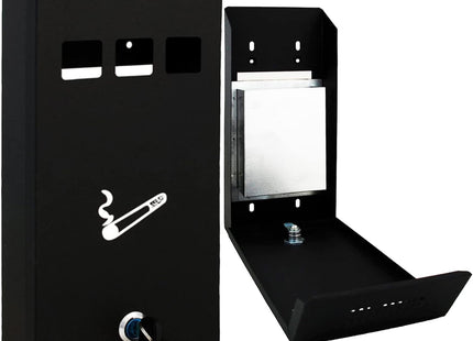 HOMEVIBE Ash Bin | Steel Ashtray Black Compact Pub Club Home Office Flat Cigarette Cigar Wall Mounted Lockable Heavy Duty + Keys UK FREE P&P, W14.7cm x D6.0cm x H32.3cm