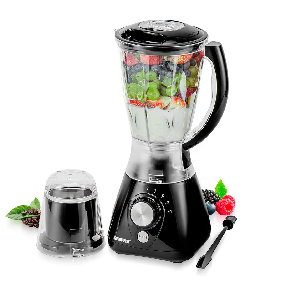Geepas 550W 2 in 1 Food Jug Blender with 1.5L BPA Free Jar | 4 Sharp Stainless Steel Blades with 2 Speed | Ice Crusher, Mill, Coffee/Spice Grinder & Smoothie Maker - 2 Year Warranty