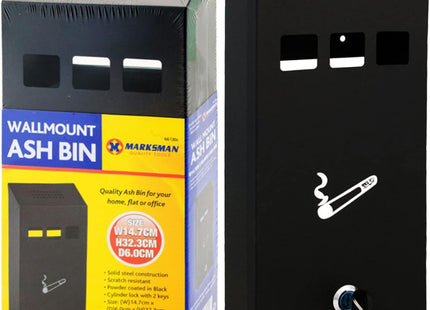 HOMEVIBE Ash Bin | Steel Ashtray Black Compact Pub Club Home Office Flat Cigarette Cigar Wall Mounted Lockable Heavy Duty + Keys UK FREE P&P, W14.7cm x D6.0cm x H32.3cm