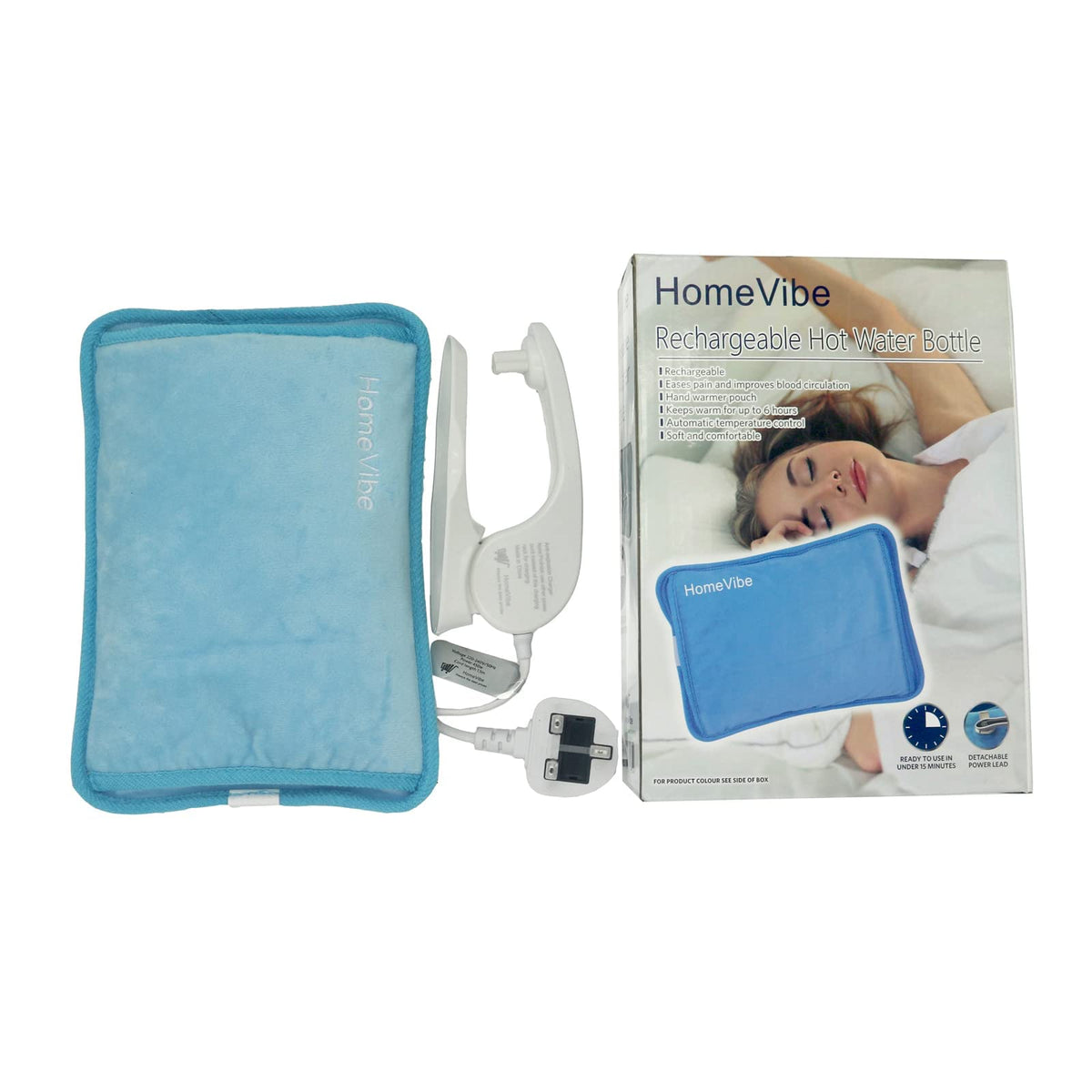 HomeVibe Rechargeable Electric Hot Water Bottle Professional Soft Touch Fleece Cover Bed Hand Warmer Massaging Heat Pad - Blue