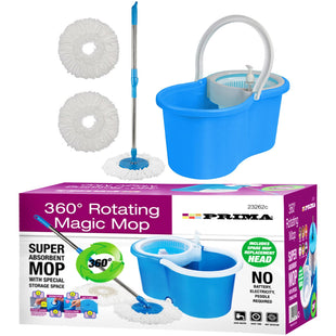 360° Degree Rotating | Magic MOP | Spin Bucket Set Prima Steel + 2 Microfiber Floor Dry Heads