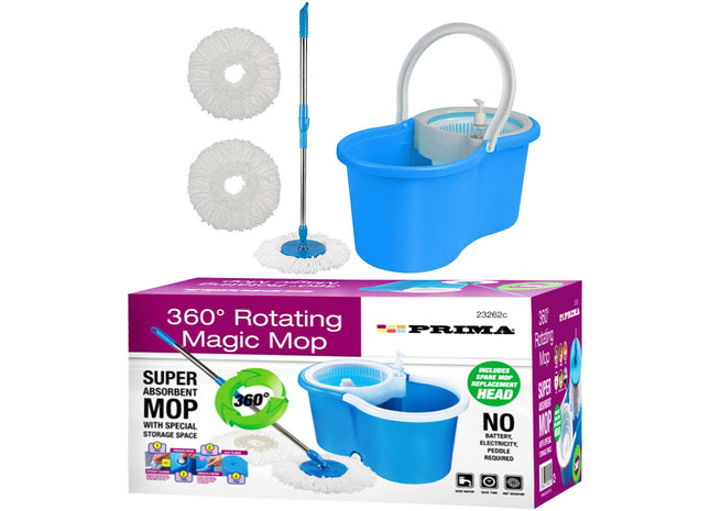 360° Degree Rotating | Magic MOP | Spin Bucket Set Prima Steel + 2 Microfiber Floor Dry Heads