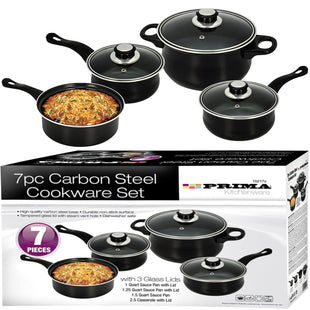 7 Pcs Carbon Steel Black Cookware Set | Non-Stick Saucepan with Glass Lid | Casserole Pot | Home Kitchen Chef Healthy Food Cooker UK Free P&P