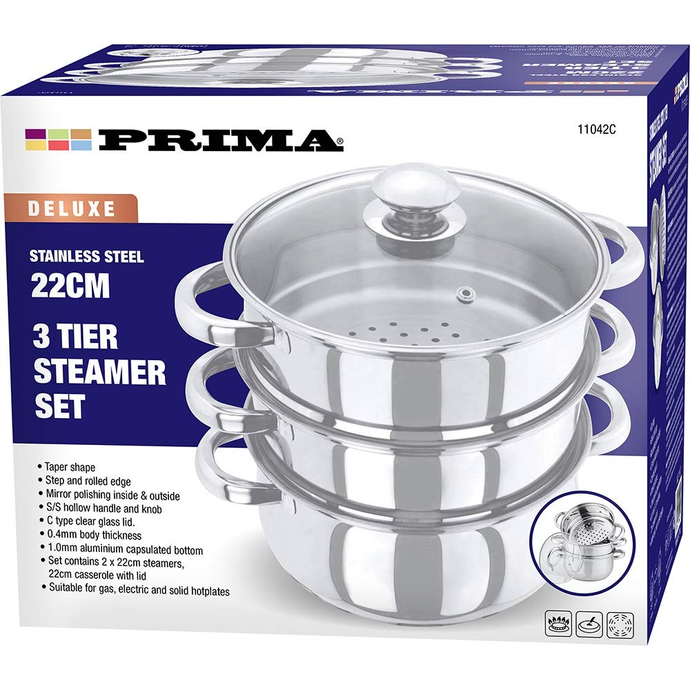 New 22CM Stainless Steel 3 Tier Steamer Cooker Pot Set Glass LID COOKWARE Food