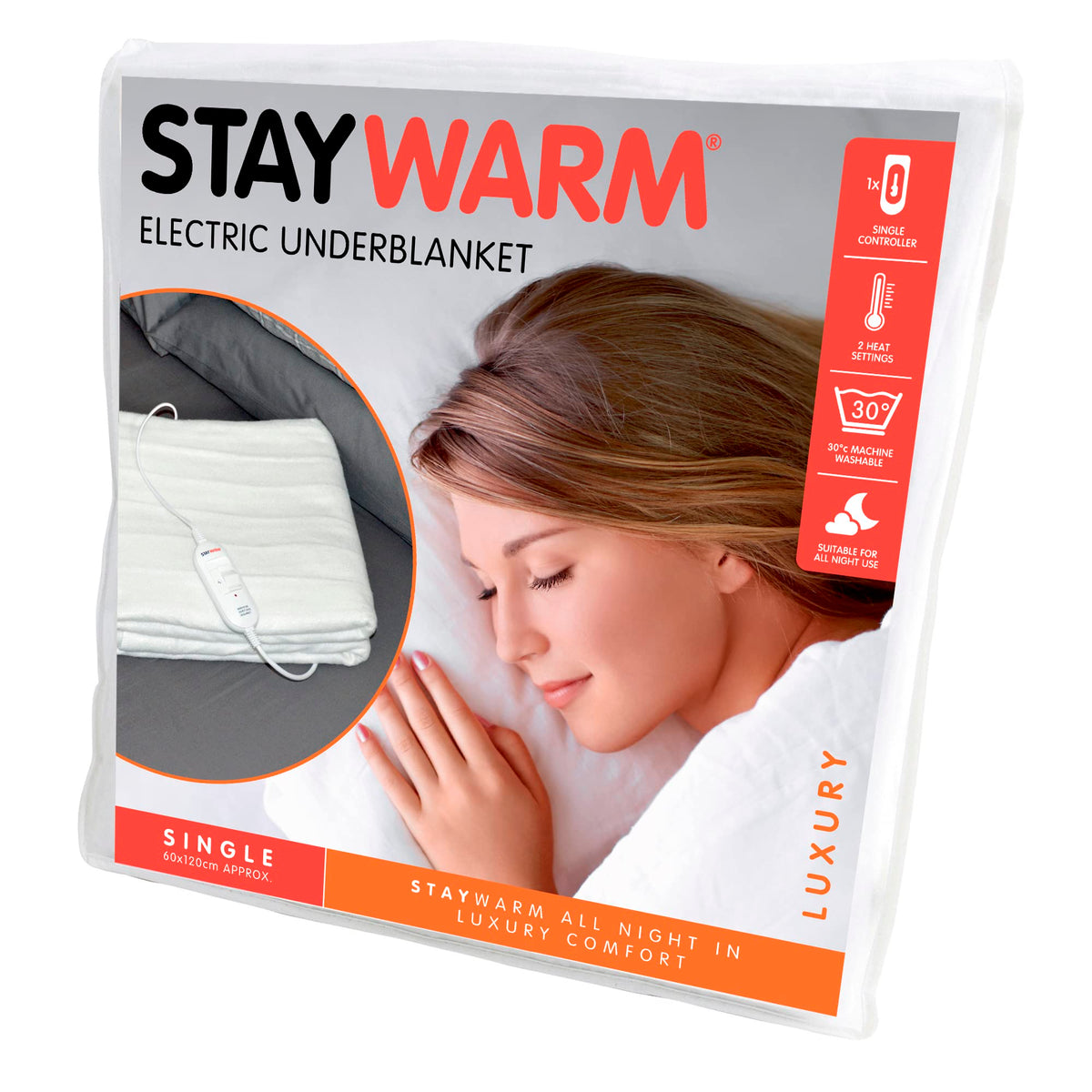 STAYWARM Single Size Superior Electric Underblanket with Detachable Controller / 3 Heat Settings/Detachable Cord/Machine Washable - 60w - 150 x 70cm - F901 - White