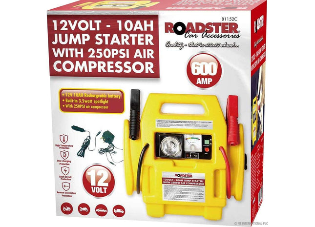 New 12v Portable Car Jump Starter Air Compressor Battery Start Booster Charger Leads 250PSI and 600amp