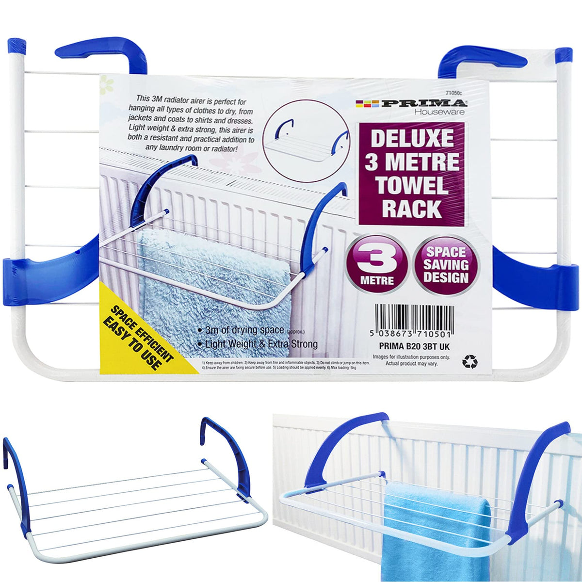 NTI 3M | DELUXE RADIATOR TOWEL RACK PRIMA Clothes Airer Drying Washing Line Hanging Laundry Lightweight Efficient Storage Home Kitchen Indoor & Outdoor UK FREE P&P, White & Blue
