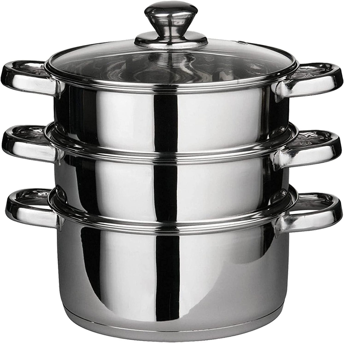 HomeVibe 22cm 3 Tier Stainless Steel Vegetable and Meat Chicken/Lamb/Beef Food Steamer Cookware Steam Set Base Glass Vented Lid