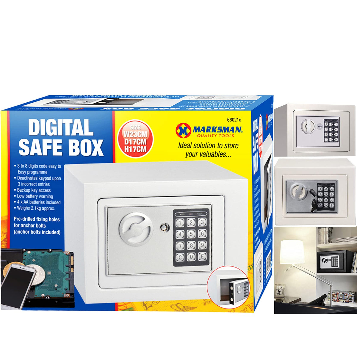MARKSMAN Digital Steel Safe Secure Construction Electronic Home Office Business Hotel Cash Money Valuables SMALL WHITE Security Safety Box Compact Locking Bolts & 2 Keys UK FREE P&P