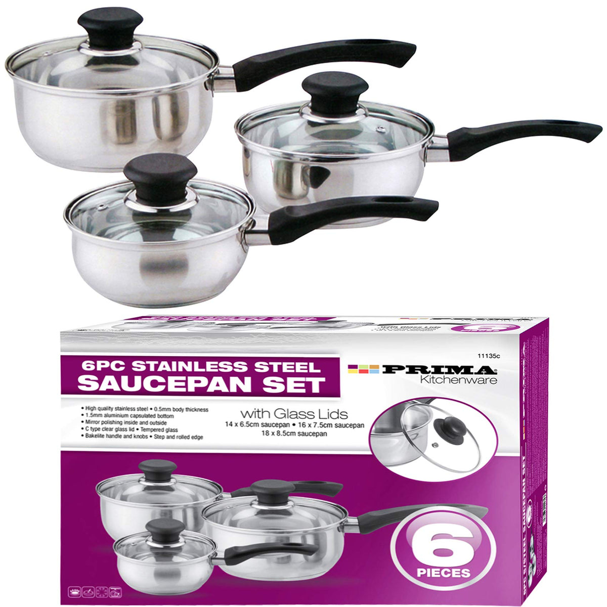 6 Pcs Stainless Steel Saucepan Set