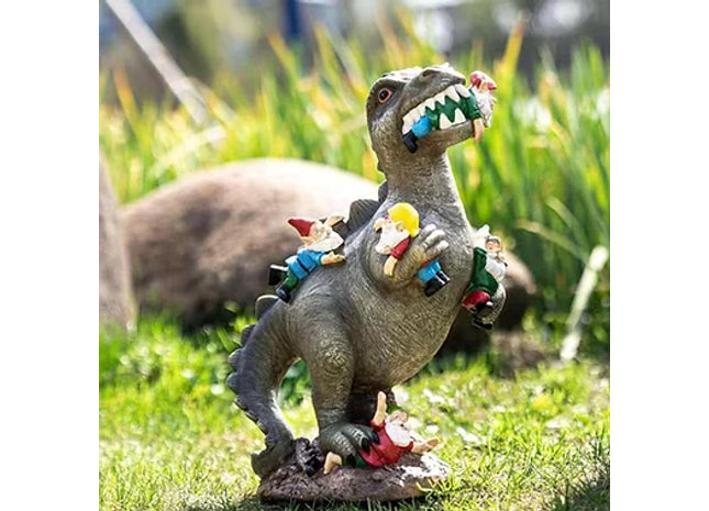 Dinosaur Eating Gnomes Funny Statue