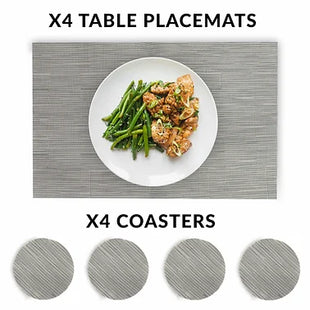 Grey Table Mat Set Anti Slip Table Runner, 4 Placemats & 4 Coasters