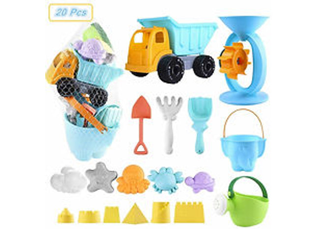 20Pcs Kids Beach Sand Toys Set - 10 Molds, Truck, 2 Shovels, Bucket, Water Wheel